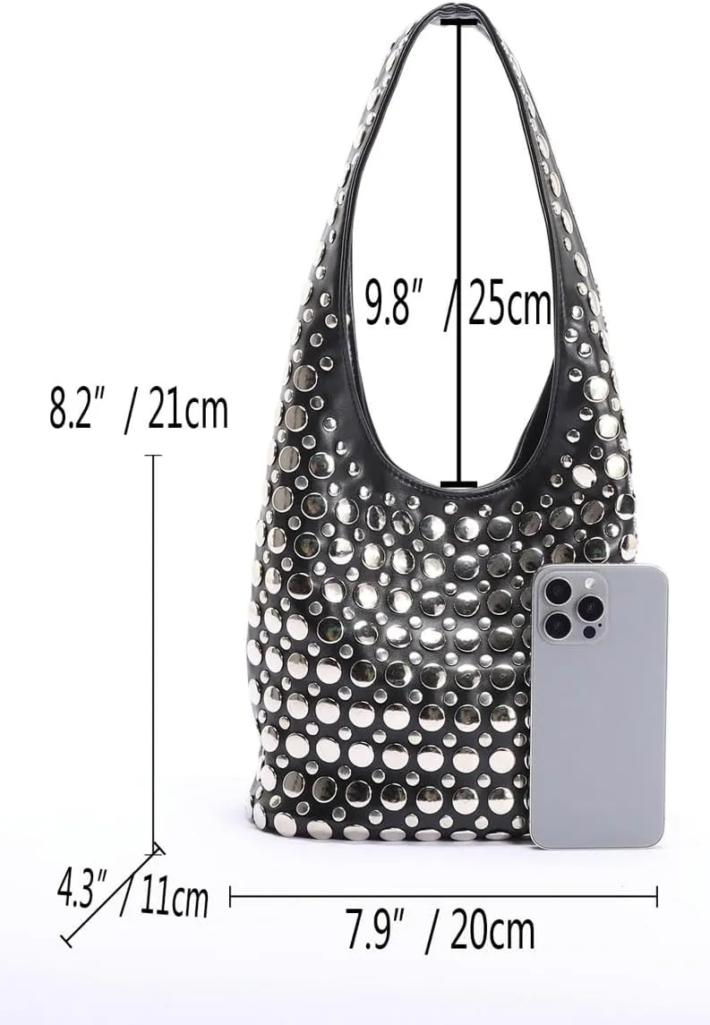 Y2k 90s Crescent Hobo Bags Women Studded PU Leather Shoulder Crossbody Purse Trendy Punk Underarm Satchels Bag Tote Handbag