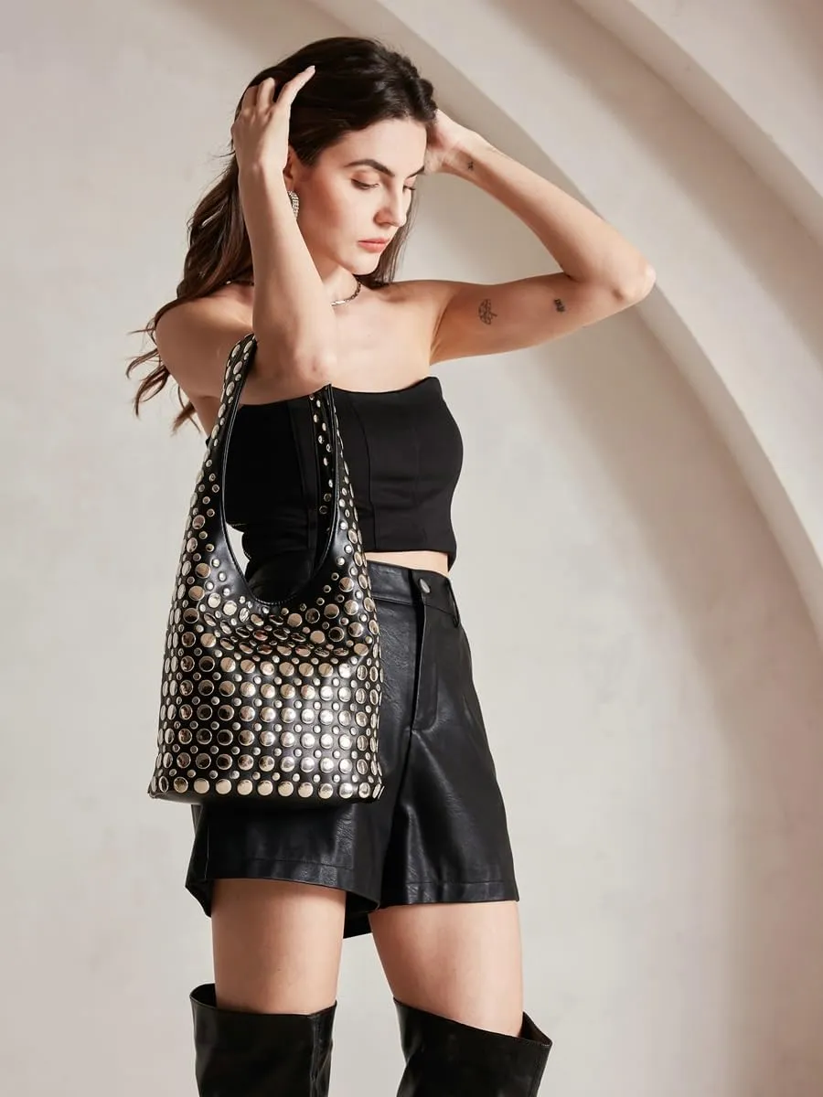 Y2k 90s Crescent Hobo Bags Women Studded PU Leather Shoulder Crossbody Purse Trendy Punk Underarm Satchels Bag Tote Handbag