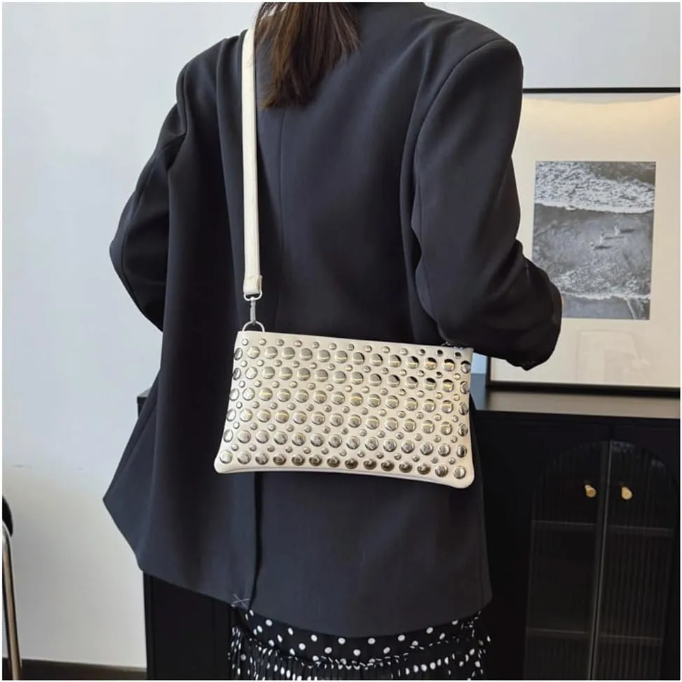 Y2k Crescent Crossbody Purse Women 90s PU Leather Trendy Studded Shoulder Satchels Hobo Bags Punk Underarm Tote Handbag