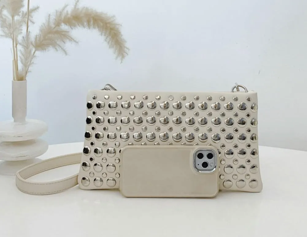 Y2k Crescent Crossbody Purse Women 90s PU Leather Trendy Studded Shoulder Satchels Hobo Bags Punk Underarm Tote Handbag