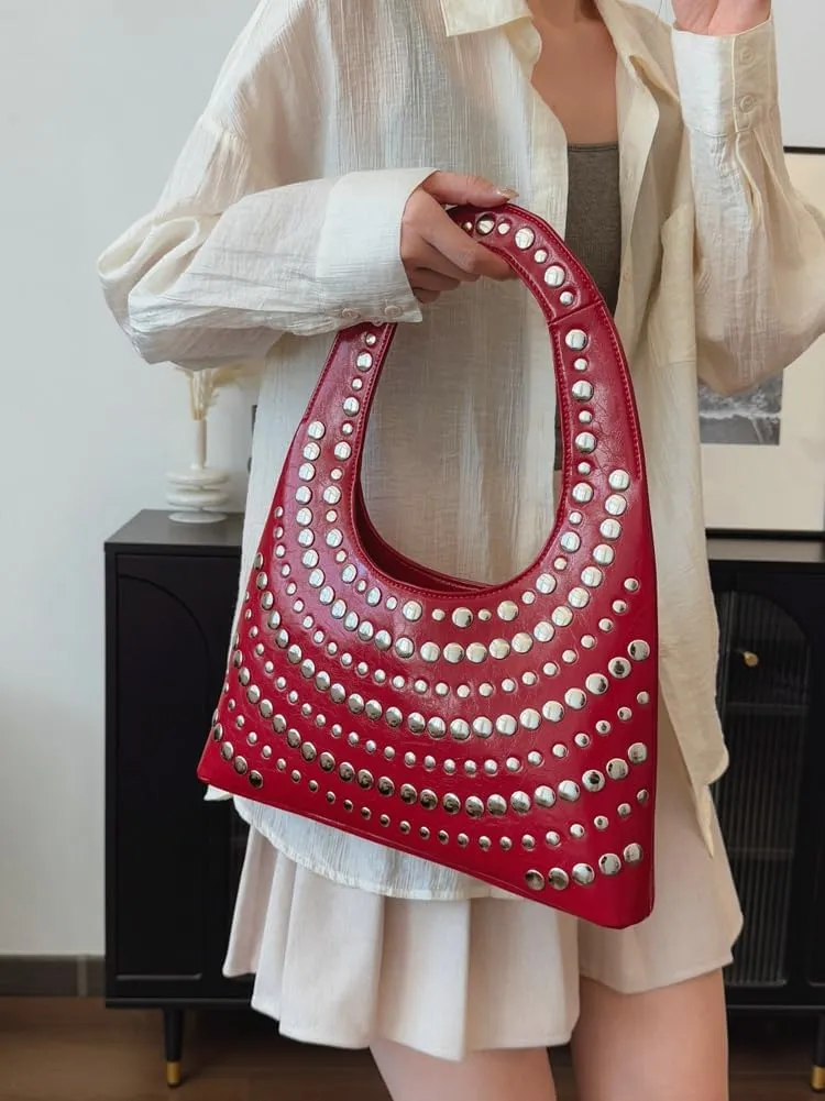 Y2k Crescent Hobo Bags Women 90s Trendy Studded Shoulder Satchels Crossbody Purse PU Leather Punk Underarm Tote Handbag