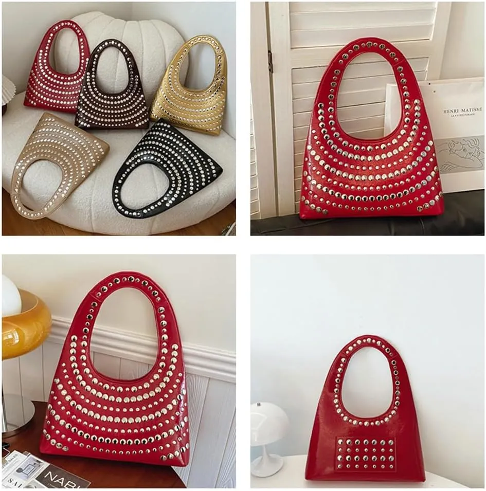 Y2k Crescent Hobo Bags Women 90s Trendy Studded Shoulder Satchels Crossbody Purse PU Leather Punk Underarm Tote Handbag