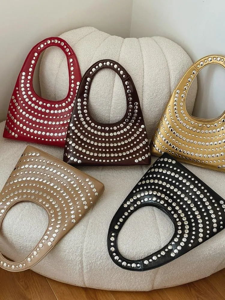 Y2k Crescent Hobo Bags Women 90s Trendy Studded Shoulder Satchels Crossbody Purse PU Leather Punk Underarm Tote Handbag