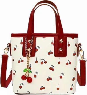 Y2K Fashion Coquette Wine Burgundy Dark Red Cherry Faux Vegan Leather Circle Bucket Tote Bags For Women Trendy, Cute Small Cherry Designer Purses For Women's Shoulder Handbag Bolso Rojo Para Mujer