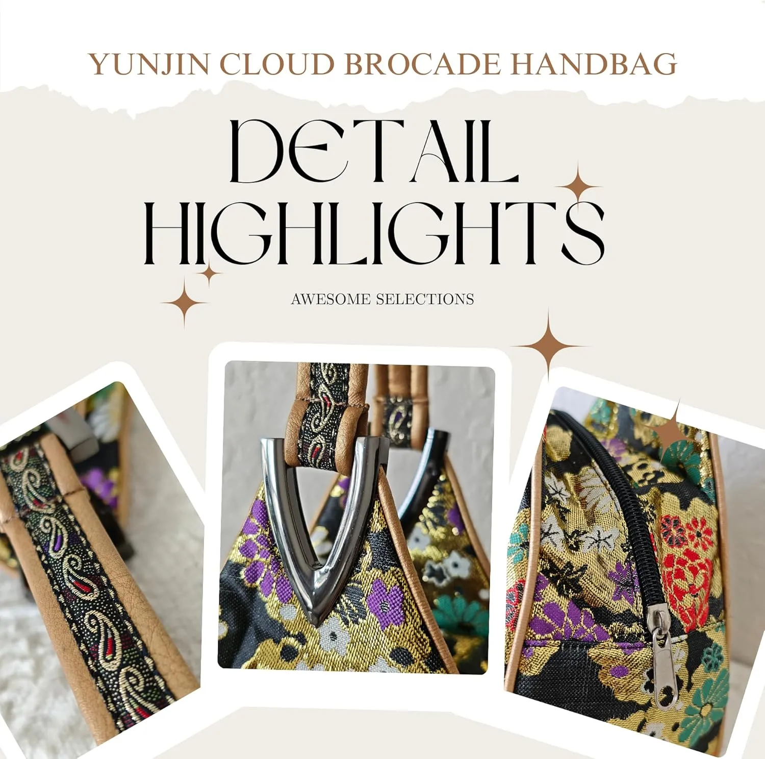 Yunjin Cloud Brocade Silk Pyramid Handbag for Women, Lightweight Handbag, Cute Trendy Zipper Tote Bag for Summer Vacation