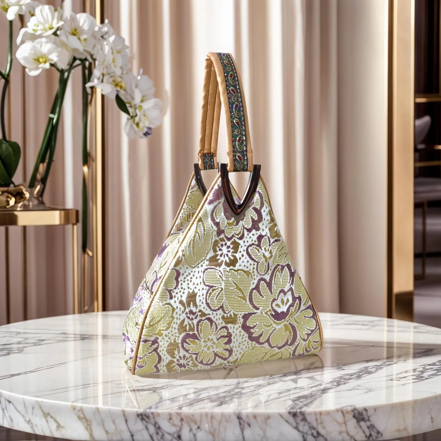 Yunjin Cloud Brocade Silk Pyramid Handbag for Women, Lightweight Handbag, Cute Trendy Zipper Tote Bag for Summer Vacation