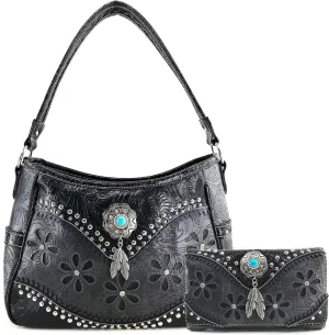 Zelris Floral Western Concho Feathers Conceal Carry Women Hobo Purse Wallet Set