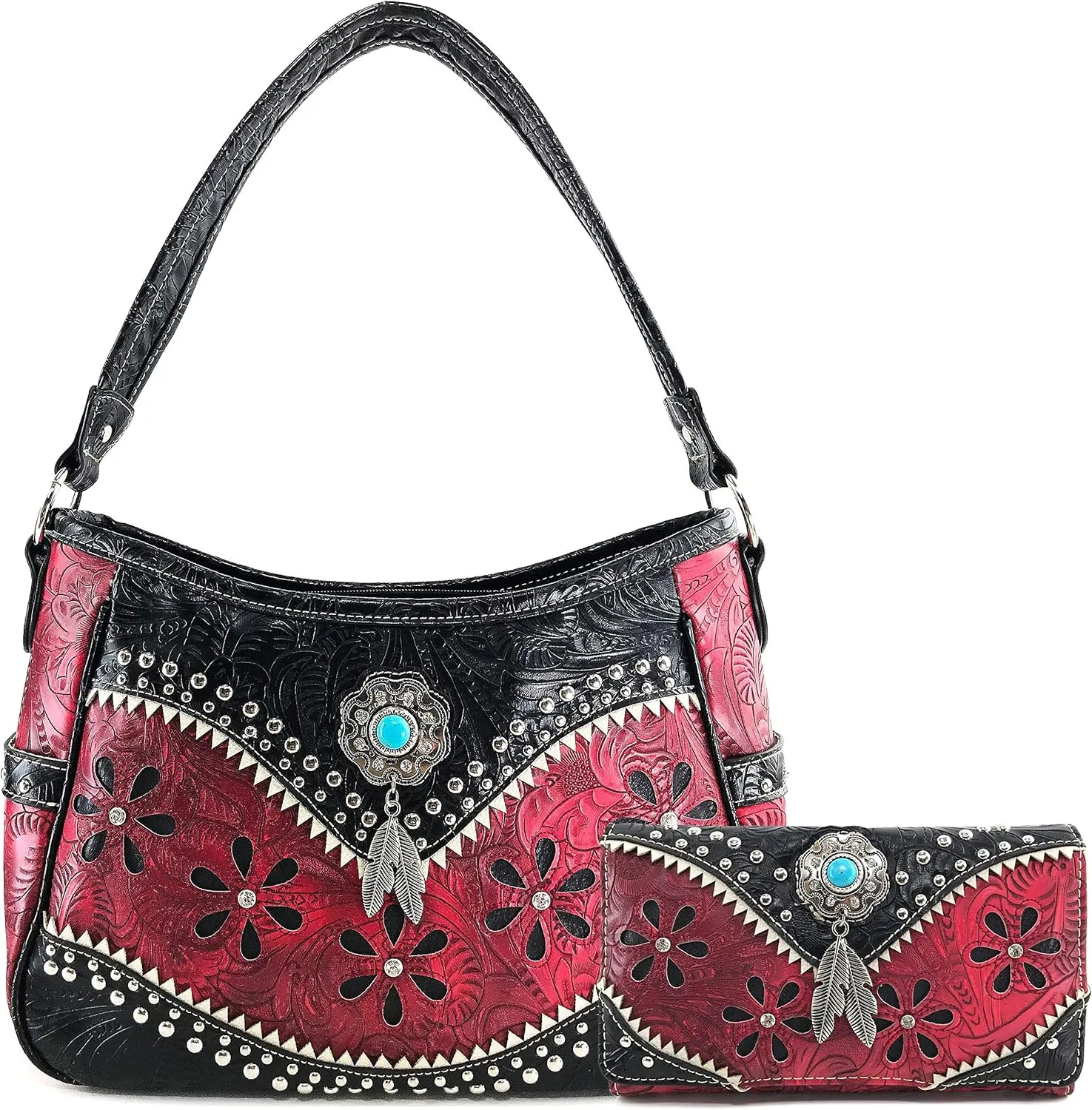 Zelris Floral Western Concho Feathers Conceal Carry Women Hobo Purse Wallet Set