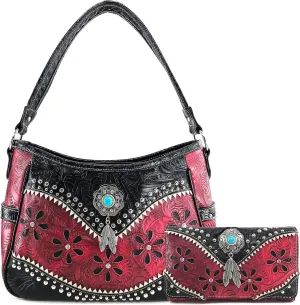 Zelris Floral Western Concho Feathers Conceal Carry Women Hobo Purse Wallet Set