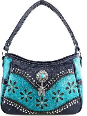 Zelris Floral Western Pu Tooled Leather Turquoise Concho Feathers Conceal Carry Women Hobo Purse Handbag