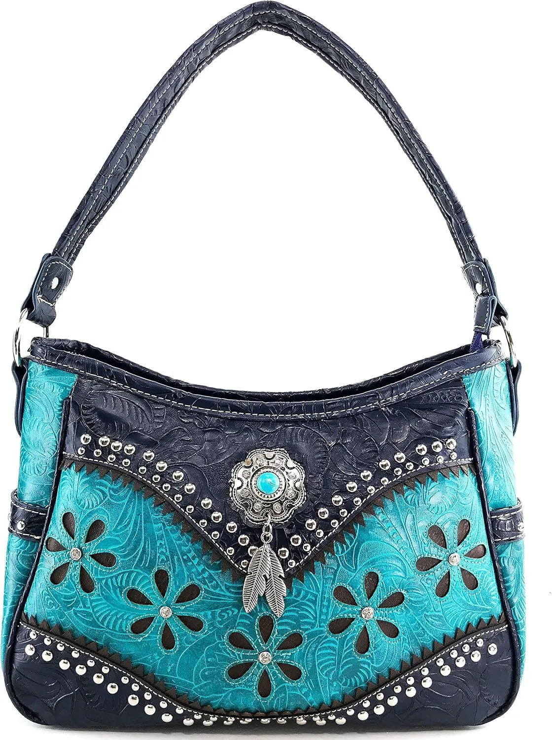 Zelris Floral Western Pu Tooled Leather Turquoise Concho Feathers Conceal Carry Women Hobo Purse Handbag