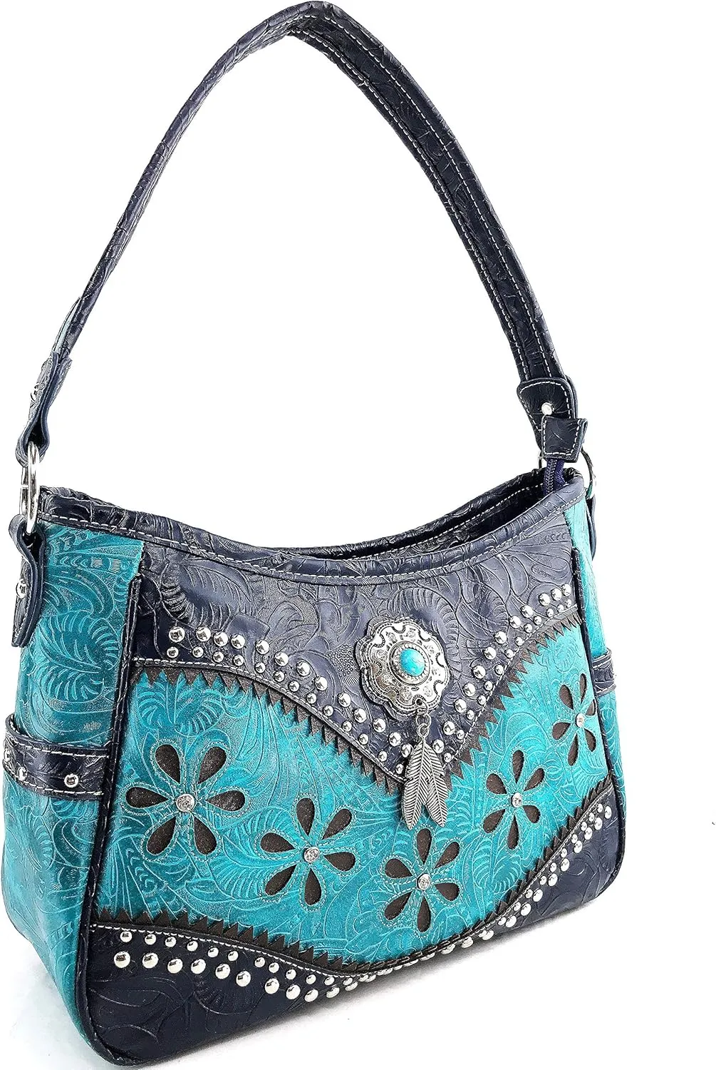 Zelris Floral Western Pu Tooled Leather Turquoise Concho Feathers Conceal Carry Women Hobo Purse Handbag