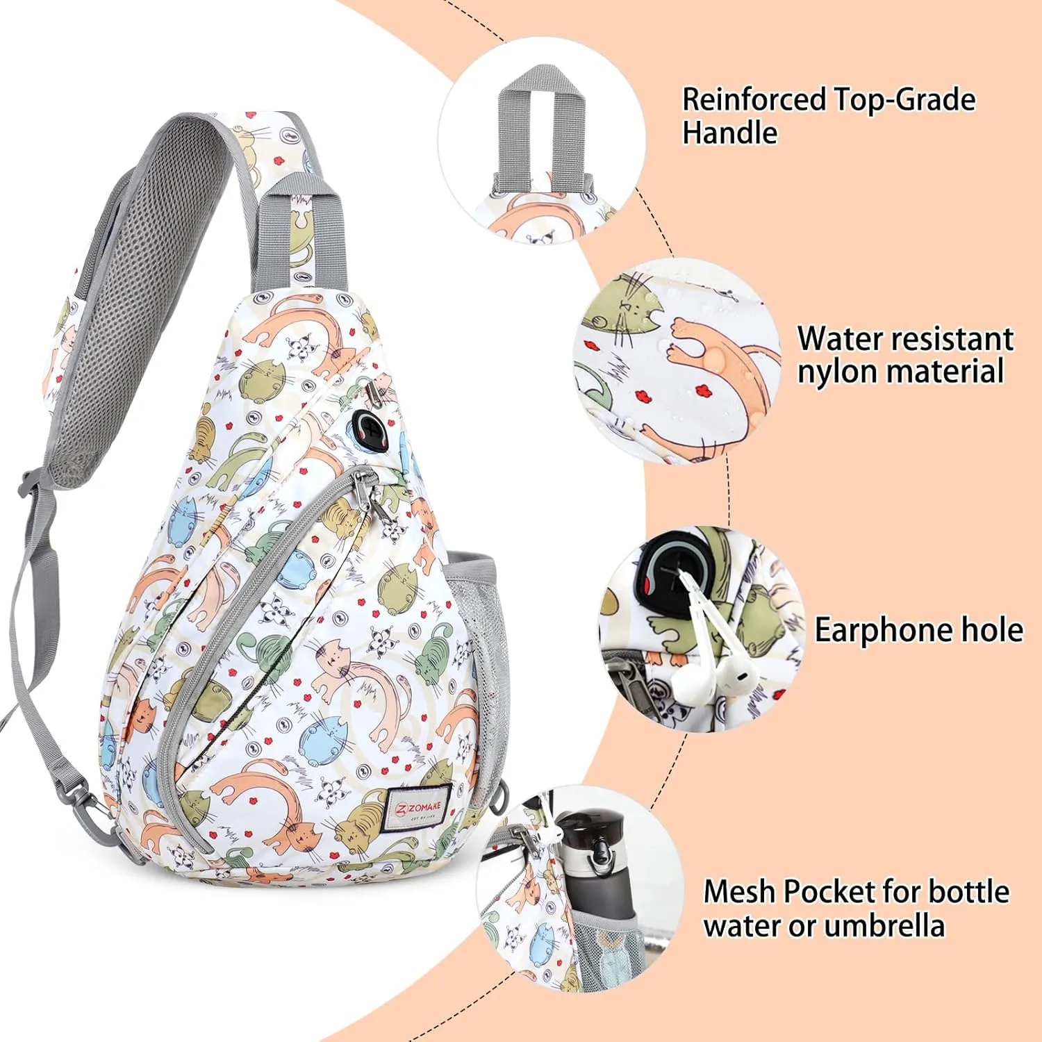 ZOMAKE Sling Bag for Women Men, Small Crossbody Sling Backpack, Mini Water Resistant Shoulder Bag