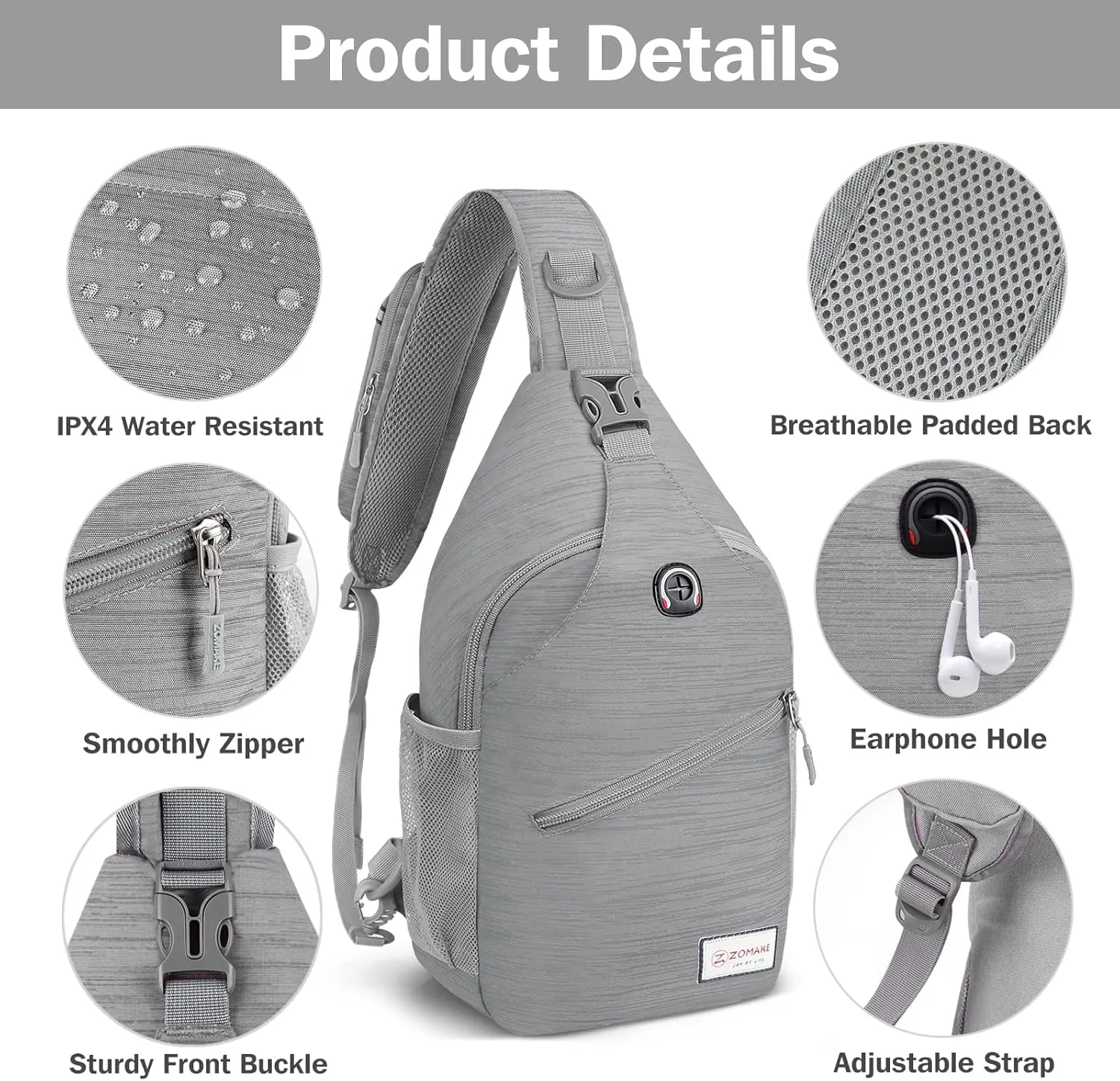 ZOMAKE Sling Bag for Women Men, Small Crossbody Sling Backpack, Mini Water Resistant Shoulder Daypack for Travel, Anti Thief Chest Bag for Hiking, Sports(Stripe)