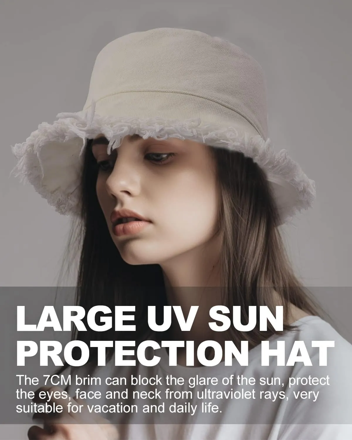 Zylioo 2XL/XL/L Frayed Bucket Hats, M/S/XS Tassel Floppy Travel Hats,2 in 1 Cute Fringe Fishing Sun Hat Small Heads